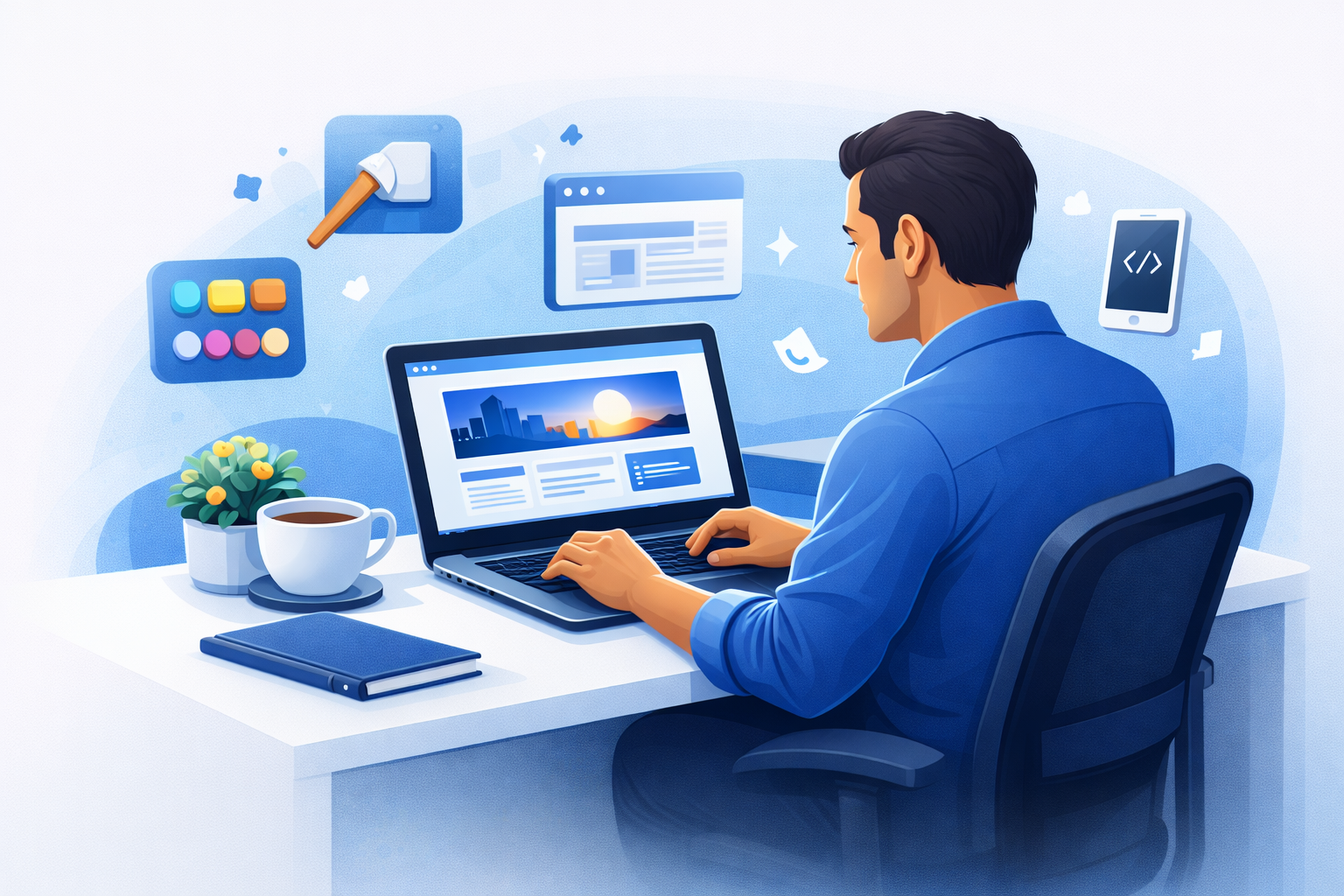Webdesigner erstellt professionelle Webseite am Laptop